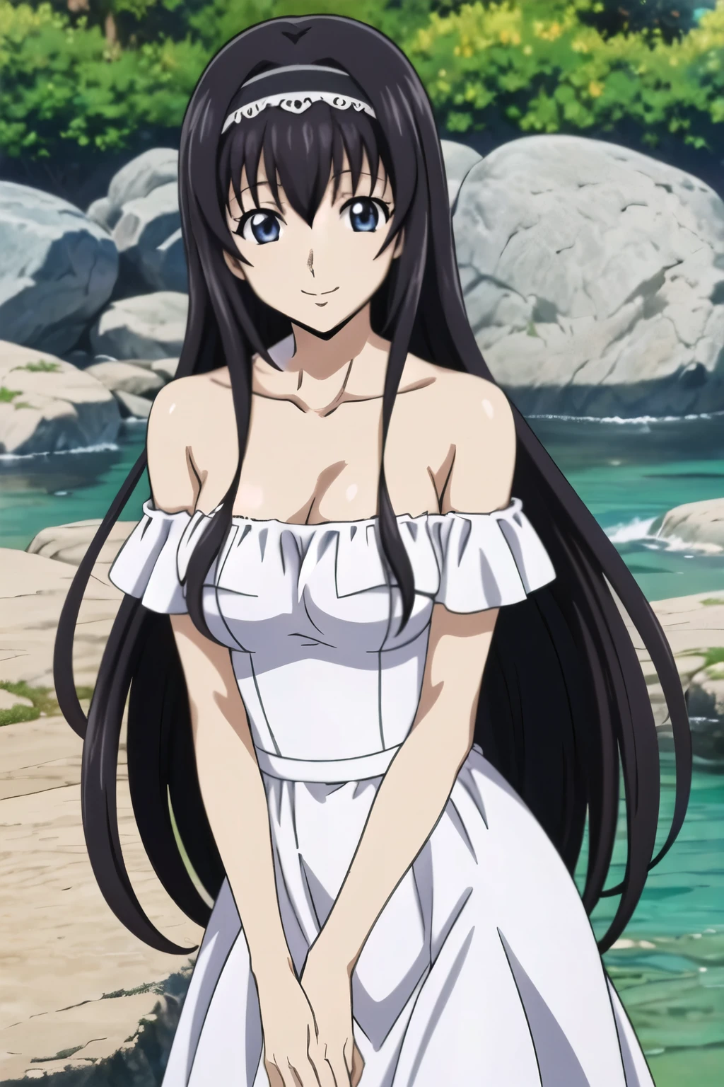 1 girl with black long hair, hair band, (summer day), posing, (off-shoulder white dress), (in river, water, rock) , soft sunlight ,  smile,  (Anime style, masterpiece, best quality , High Resolution , anime color , Anime style, sharp, 8k, realistic), digital animation art!!, anime style, Official Artwork , visual novel CG, 