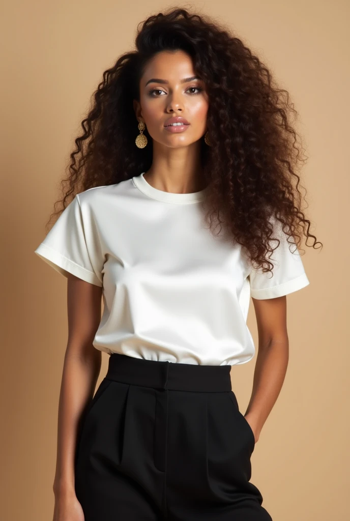 Make a picture of a black woman , long curly black hair, dark shaped eyes, chubby,wearing a white pleated mid skirt,white ribbed turtleneck blouse, white Air Force style sneakers