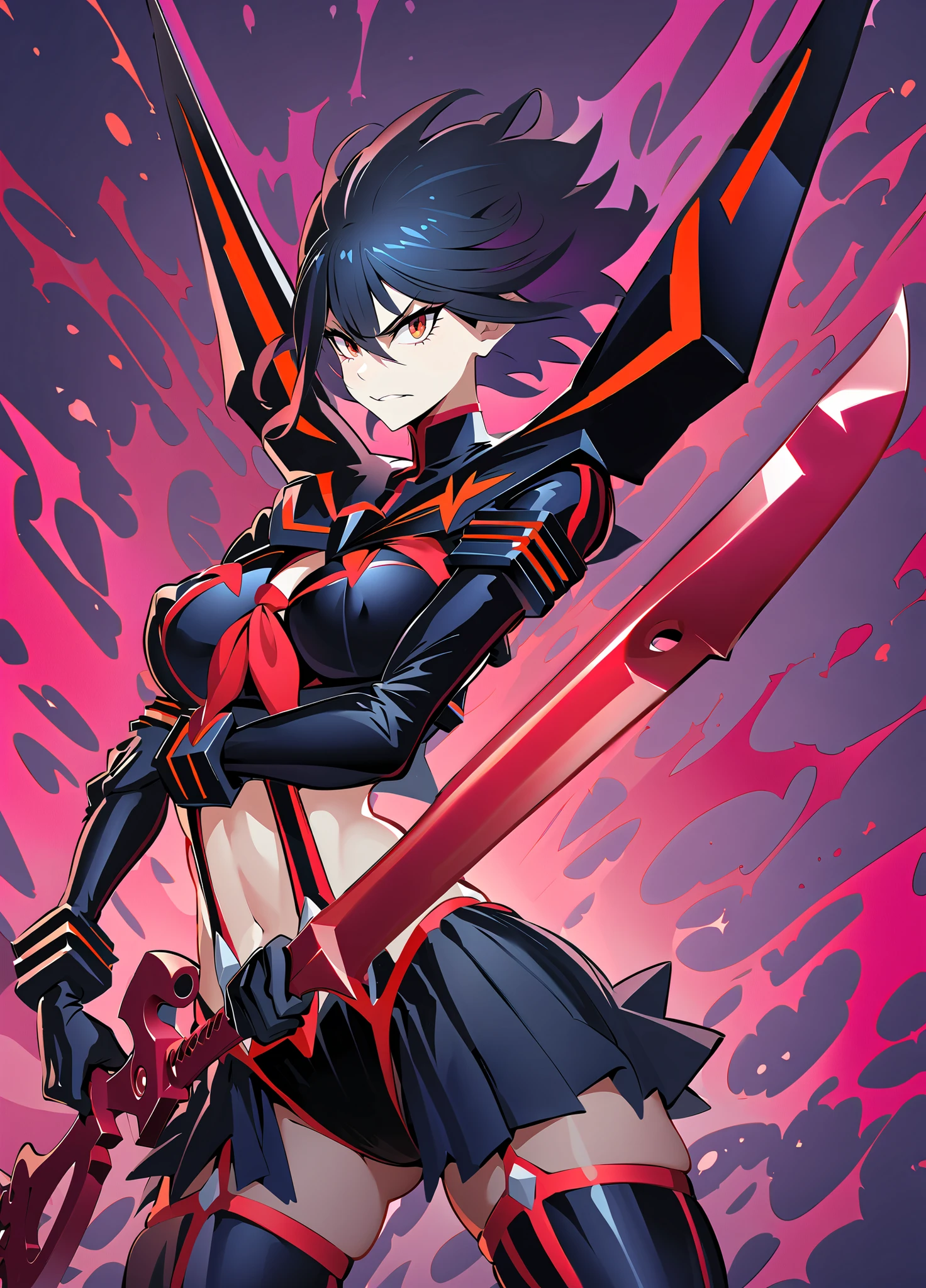 Ryuko Matoi von Kill La Kill, fast nackt mit knappen, revealing pieces of fabric and red, sharp straps, big boobs, , Titten,  Aktions-Pose