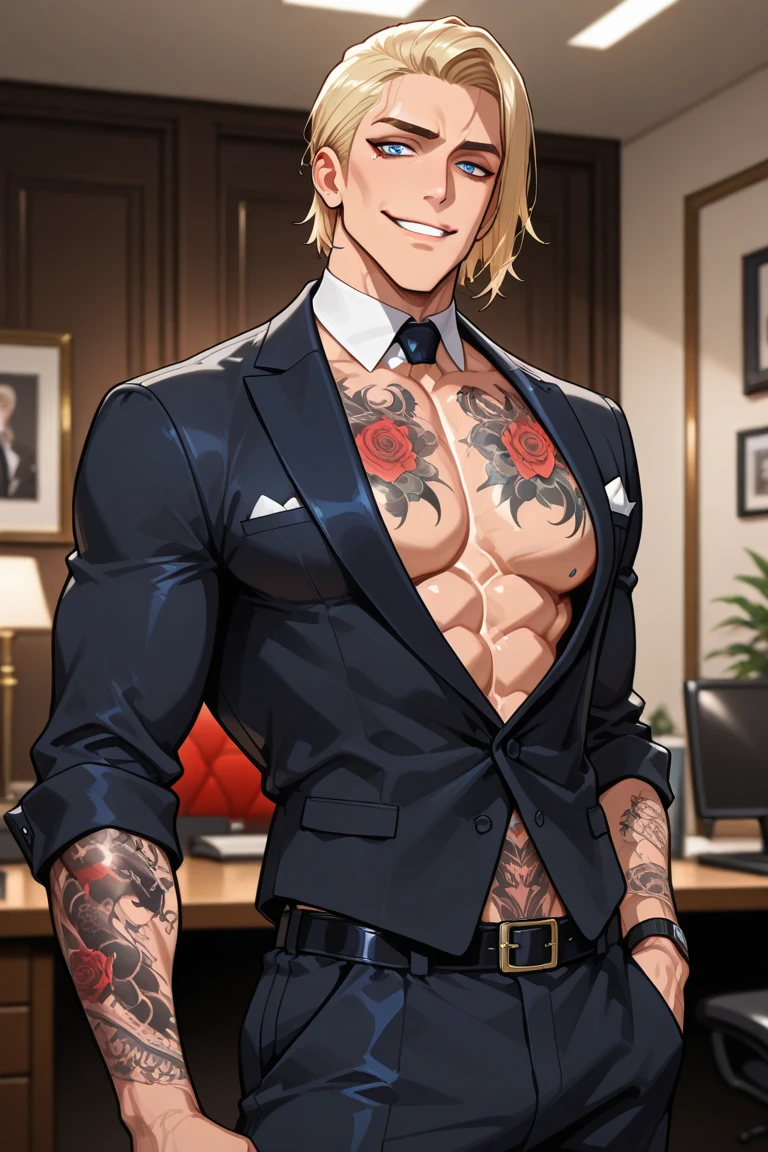 Hazbin Hotel Male Lilith, demon, tall, blonde, muscular, black suit, necktie, handsome, 1male, 1guy