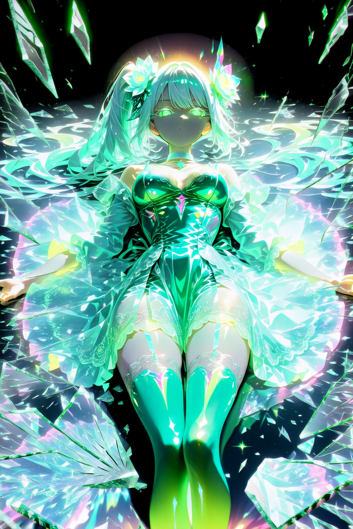 1girl,green hair,short ponytail,rimless eyewear,blue eyes,large breasts,bioluminescent dress,dark background,cowboy shot,