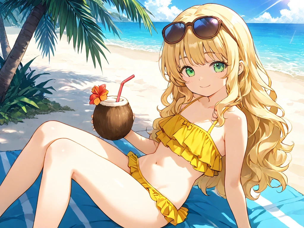 (masterpiece, high quality、Vibrant colors:1.0、Anime Style、Clean brush strokes、Very detailed、Perfect Anatomy、Browsing Caution)、1 girl、 alone、((ayukawa madoka)), (beautiful, fine grain)、Green Eyes、(Blonde、Parted bangs)、smile、Tight waist: 1.0、wide hips 1.4、Big eyes、、Young Body、Gold Bikini、Sandy Beach、Sitting、Sexy pose