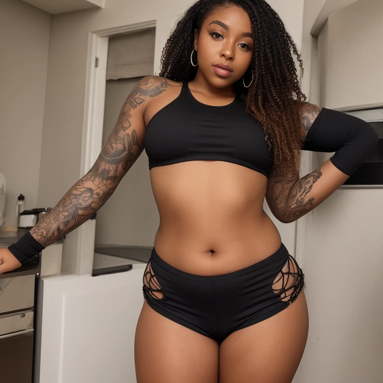 Analog image, neutral density,Highly detailed image ,thick voluptuous Dominican woman, viewed from below, with micro dreadlocks, highly detailed skin,even skin tone, skin imperfections, skin pores visible,wearing a tight red leggings and sports bra ,in a dim lit room , highly detailed clothing 