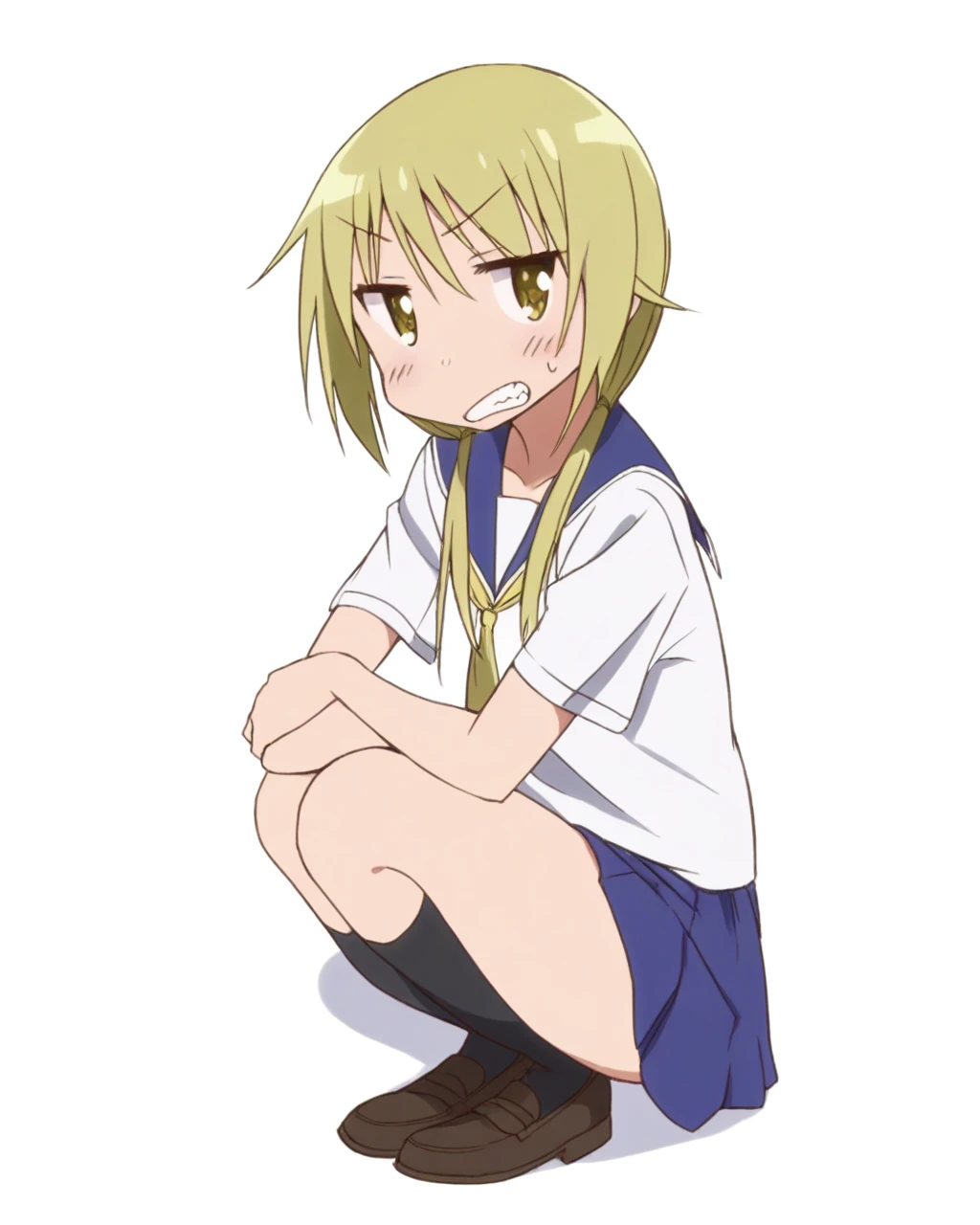best quality, masterpiece, highres, solo, {kagayama_kaede_nonnonbiyori:1.15}, blonde_hair, long_hair, brown_eyes, ahoge, 1girl, sweatdrop, sweat, frown, ponytail