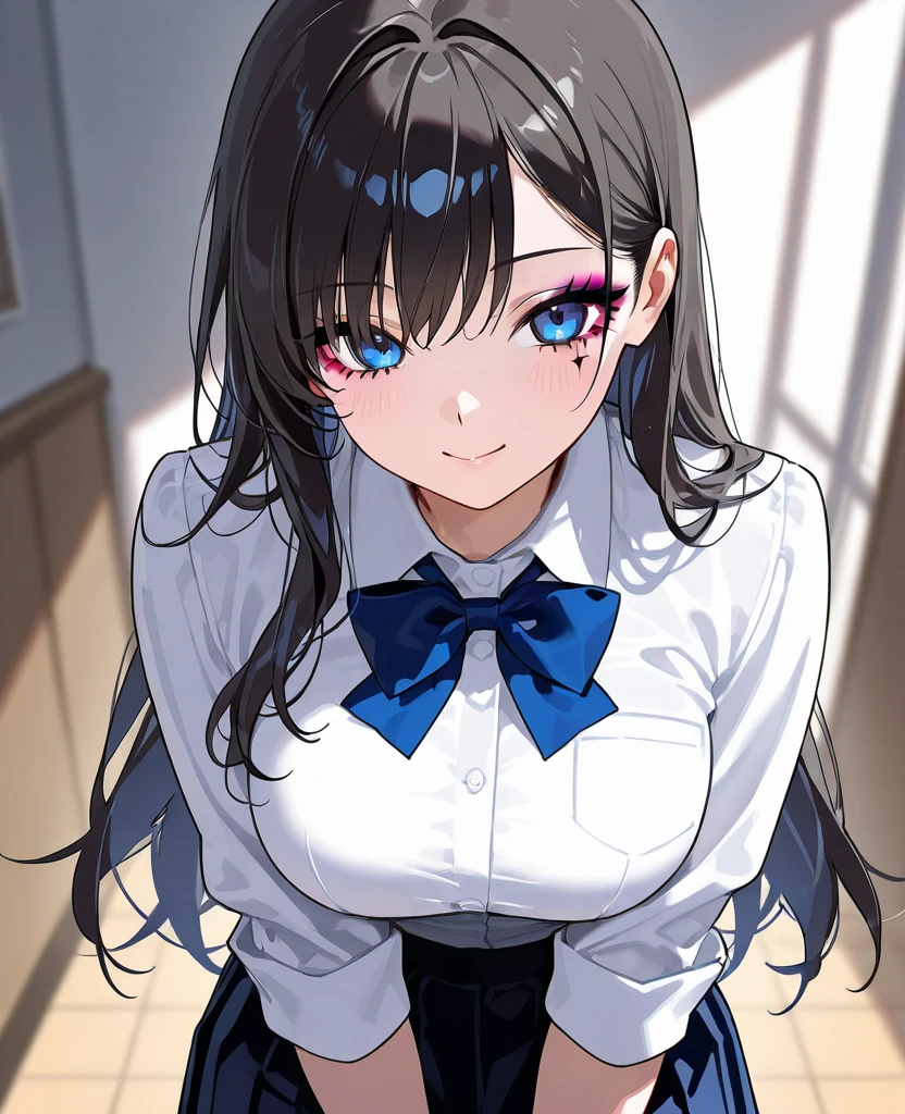 highest quality,classroom background,whole body,from the front,From above,Are standing,Healing,black hair,Pigtails,round face,bright red cheeks,shy face,blue eyes,Big eyes,Drooping eyes,round eyes,Separate eyes,Parallel eyebrows,small nose,wide forehead,big breasts,E cup,school uniform,Only blouses,Red bow tie,white blouse,Blouse with short sleeves,Open the first button of the blouse,small size blouse,stuck,Tight blouse,No bra,transparent nipples,black pleated skirt,mini skirt,thin legs,small butt