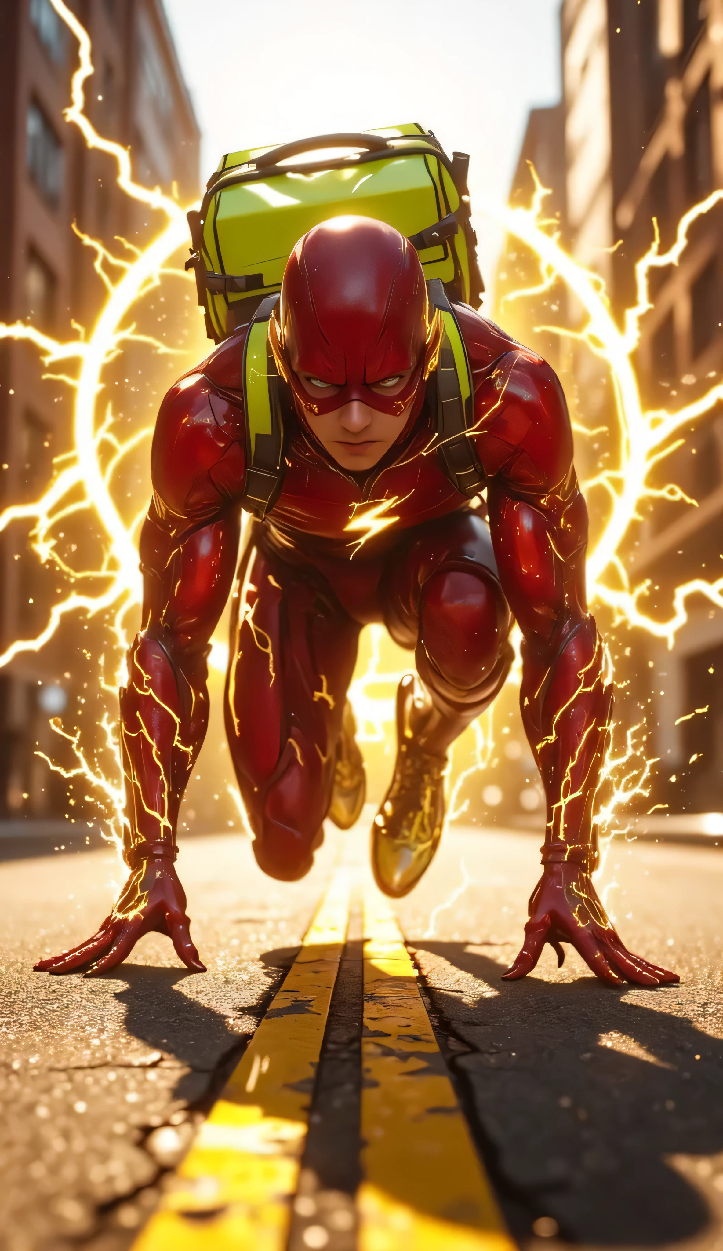 A hyper-realistic, ultra-detailed 8K cinematic close-up shot of The Flash in a powerful starting pose, ready to launch forward at lightning speed. He is crouched in a dynamic sprinter's position on a sunlit urban street, one hand touching the ground, eyes focused with fierce determination. His iconic red suit with glowing yellow lightning accents fits tightly, highlighting every tense muscle.
Strapped to his back is a large, futuristic-looking food delivery backpack in neon green or bright yellow, designed for high-speed travel. The bag is slightly aerodynamic with subtle light reflections and sharp contours.
Surrounding The Flash is a vivid aura of lightning — crackling arcs of yellow, white, and electric blue energy swirling around his entire body. The lightning pulses dynamically, forming a semi-transparent field of energy that extends slightly outward, illuminating the ground and casting sharp, flickering highlights across his suit. Sparks flick off his limbs and shoulders, creating a trail of light that hints at imminent motion.
The pavement beneath him shows small cracks and rising dust as if vibrating from the pressure of energy. The background is blurred with motion streaks and sun flare, enhancing the sense of speed and momentum about to explode.
The tone is heroic, charged with kinetic tension: a legendary speedster — now the ultimate delivery force.