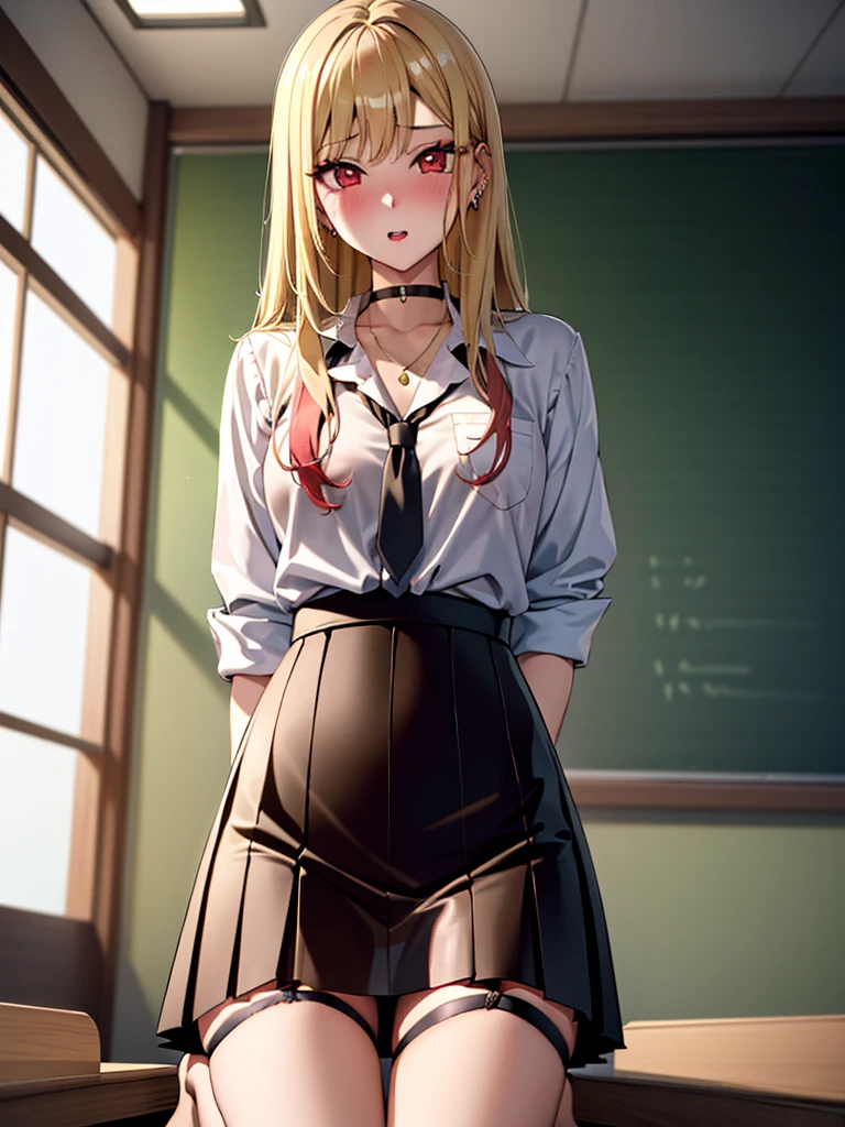 kitagawa marin, Solo, girl, blonde hair, long hair, multicolored hair, red eyes, jewelry, earrings, piercing, black choker, skirt lift:1.2, panty shot, blush:1.2, embarrassing, lust, stand, Bewitching, lure, Shift your gaze, teacher, classroom, female teacher, garter belt, UHD, retina, masterpiece, ccurate, anatomically correct, textured skin, super detail, high details, high quality, best quality, highres, 4K