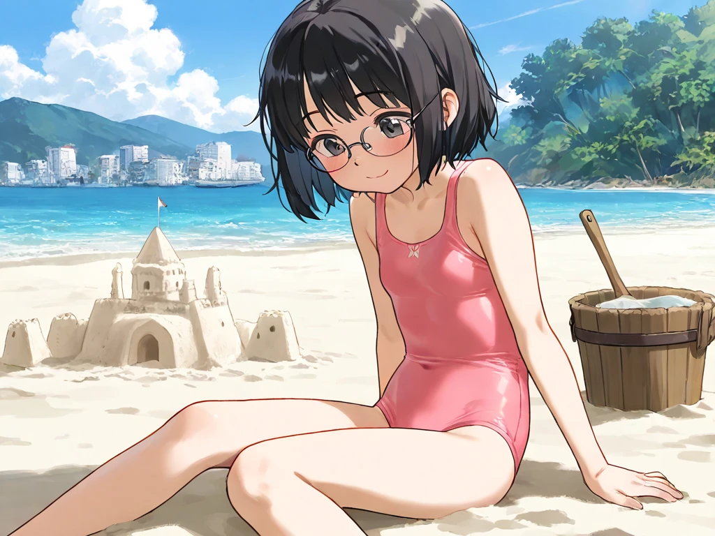 A bob-cut girl wearing glasses taking off her pink swimsuit,Looking up,Black Hair,Wink,Seaside,pastel colour, Men in the back