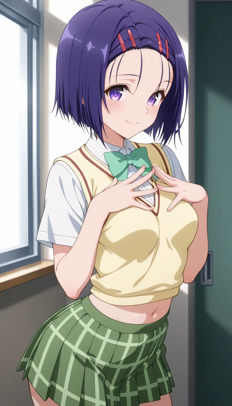 score_9, hiiragi_utena, pov, 1girl, blush, school uniform, ahoge, medium breasts, outdoors, forest, black thighhighs, green sailor collar, short hair, serafuku, pleated skirt, green skirt, purple hair, white shirt, heavy_breathing, excited, close-up, shirt lift, bra, lace bra <lora:Hiiragi_Utena-school_uniform-XL-pony:0.7> <lora:bra_embellishments_enhancer_XL_v01a:1.2>