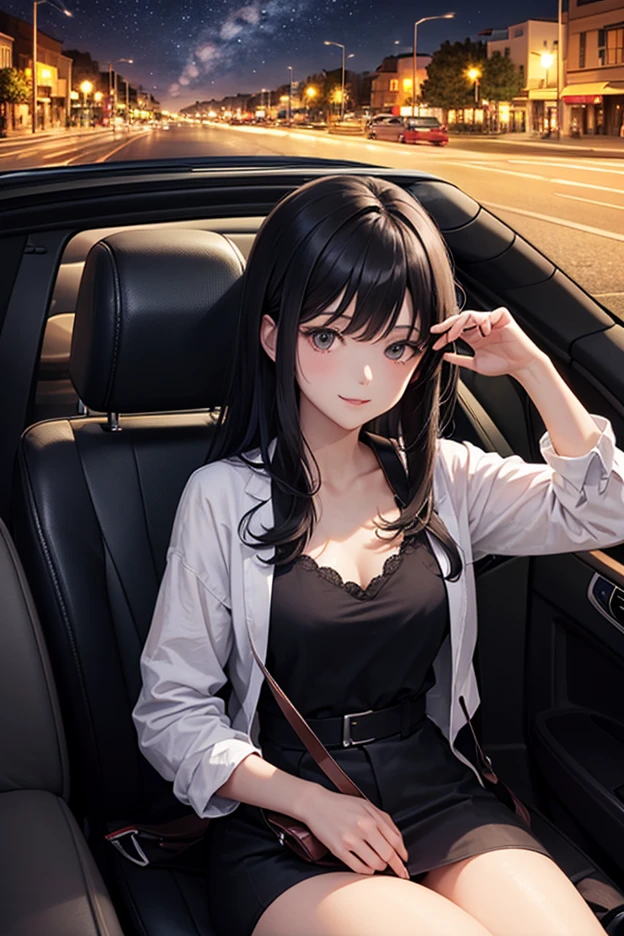 1 female, (Anime Pictures、top-quality)、masterpiece、extremely delicate and beautiful、A highly detailed、nffsw、Unity、2k wallpaper、astonishing、finely detail、Highly detailed ticker Unity 8k wallpaper、ultra-detailliert、hight resolution、absurderes、1girl in、Sit in car、Angle from the side、View at camera、Full-length car navigation screen、Soft light、a beautiful detailed girl、Detailed finger、Beautiful profile、beautiful detailed nose、beatiful detailed eyes、long eyeslashes、cute little、(((office lady))), (((mature women)))、(full body Esbian:1.3)、Lifelike face、(A smile、closes mouth)、Beautiful detailed two legs, ((dynamic pose)), night in city, rainy day, (((black lace dress))), (short hair)