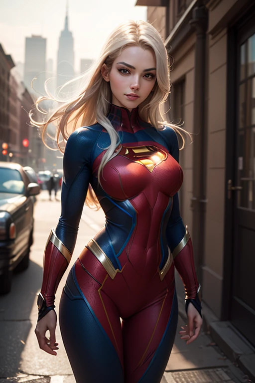 (master part, best quality, fotorrealista, cinemactic, ultra-detalhado, 8k), ((Arremesso longo, corpo inteiro)), rosto detalhado, 1 garota ???? em uma postura de luta no telhado, ambos os punhos na frente, ulta realista, olhos detalhado, nariz detalhado, boca detalhado, anatomia perfeita, olhos expressivos, perfect hands, (pernas longas e redondas), (????? grandes), ambos os punhos na frente, Produza uma arte de alta qualidade com foco em capturar Melissa Benoist como supergirl em detalhes impressionantes e sedutores. Render artwork accurately, Buscando um retrato fotorrealista. Destaque para Supergirl, ?????? style costume, expondo o ?????, Athletic body, ????? grande, um ???????? azul vibrante com um ousado "s" emblema em seu peito, a flowing red cloak, e detalhes dourados. Make sure the costume shows off your strength and grace. Emphasize Melissa Benoist's warm and confident expression, Reflecting Supergirl's unwavering dedication to justice and compassion. Incorporate a dynamic and heroic pose that illustrates supergirl's power and readiness for action. Position the backdrop against a cityscape or clear sky, com dicas de sua capacidade de voar e proteger o mundo