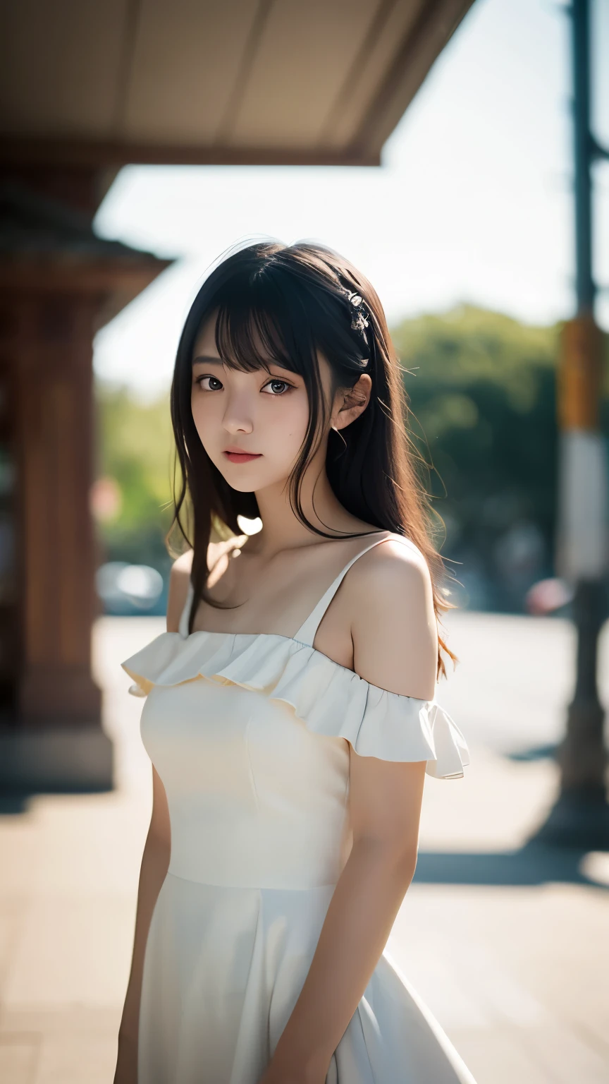 a girl,cute and pretty face,Long straight black hair,Long bangs covering eyes,long eyelashes,(Fine eyes),small eyes,(half-closed eyes),(Dark lipstick),(Dark eyeshadow),Slim body,Slender limbs,Black spaghetti strap dress,Inside an old railway station,clean focus,shallow Depth of Field,Ultra-detailed faces,very beautiful face,Extremely high texture skin,Look into the distance,beautiful legs,seductive,femainine pose,(realistic ,realistic-photo,RAW photo,8K original),artistic photography,UHD,highres,masterpiece,retina,