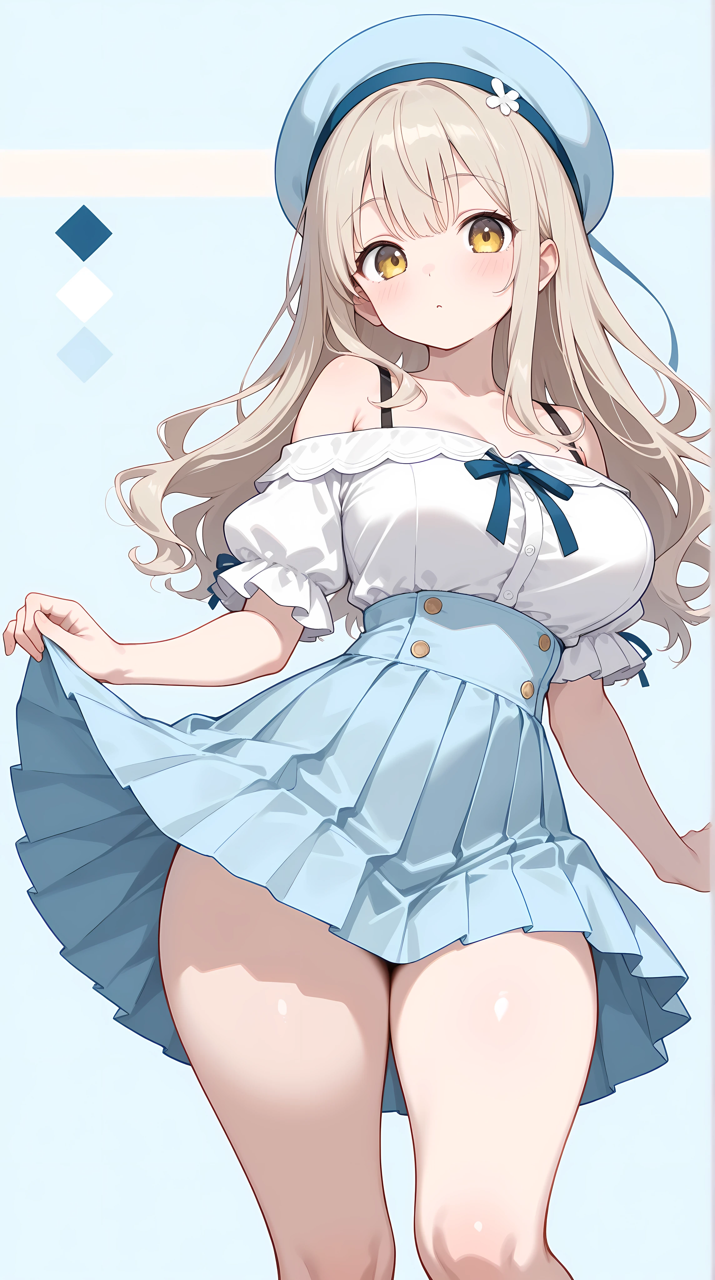 blue eyes,long eyelashes,frilly baby blue bikini,medium breasts,wide hips,bishoujo,curls,fringe bangs,fullbody,masterpiece,embarrassed,highres,blonde,long hair,standing, bikini skirt,