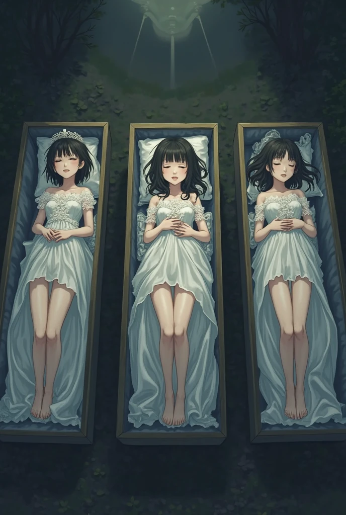 A black-haired girl in a wedding dress was crying on the glass coffin, which her girlfriend - a brown-haired girl - was lying iínide, anime style