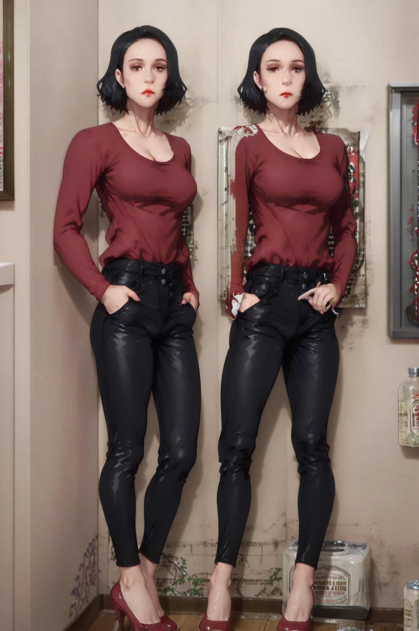 Mature person wearing red leggings:1,Red crop top:1, high quality,4k, full body,small size breasts,