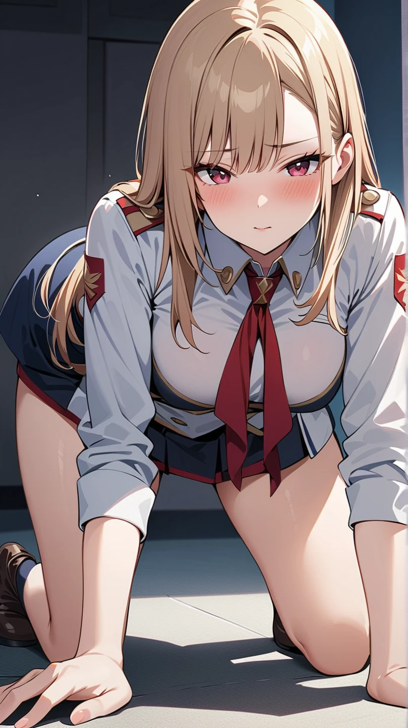 chisatonishikigi, nishikigi chisato, short hair, bangs, blonde hair, (red eyes:1.5), hair ribbon, one side up, bob cut, open mouth, smile,
BREAK shirt, long sleeves, dress, ribbon, white shirt, collared shirt, belt, neck ribbon, red dress, blue ribbon, pleated dress, grey dress, two-tone dress, red belt, lycoris uniform,
BREAK indoors, cafe,
BREAK looking at viewer, (cowboy shot:1.5),
BREAK (masterpiece:1.2), best quality, high resolution, unity 8k wallpaper, (illustration:0.8), (beautiful detailed eyes:1.6), extremely detailed face, perfect lighting, extremely detailed CG, (perfect hands, perfect anatomy), (white panties:1.5), (groin:1.5), kneeling, skirt lift, small breasts, (short, tiny, little:1.5), blush, embarrassed, from below, cowboy shot, dutch angle