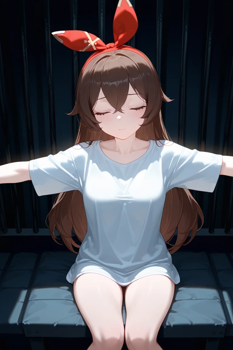 anime scene of a woman in a prison cell with arms outstretched, in prison, haibane renmei, in a prison cell, sitting in a prison, anime style like fate/stay night, inspired by Munakata Shikō, the woman is behind bars, in jail, prison scene, style of madhouse anime, prisoner, prison background
