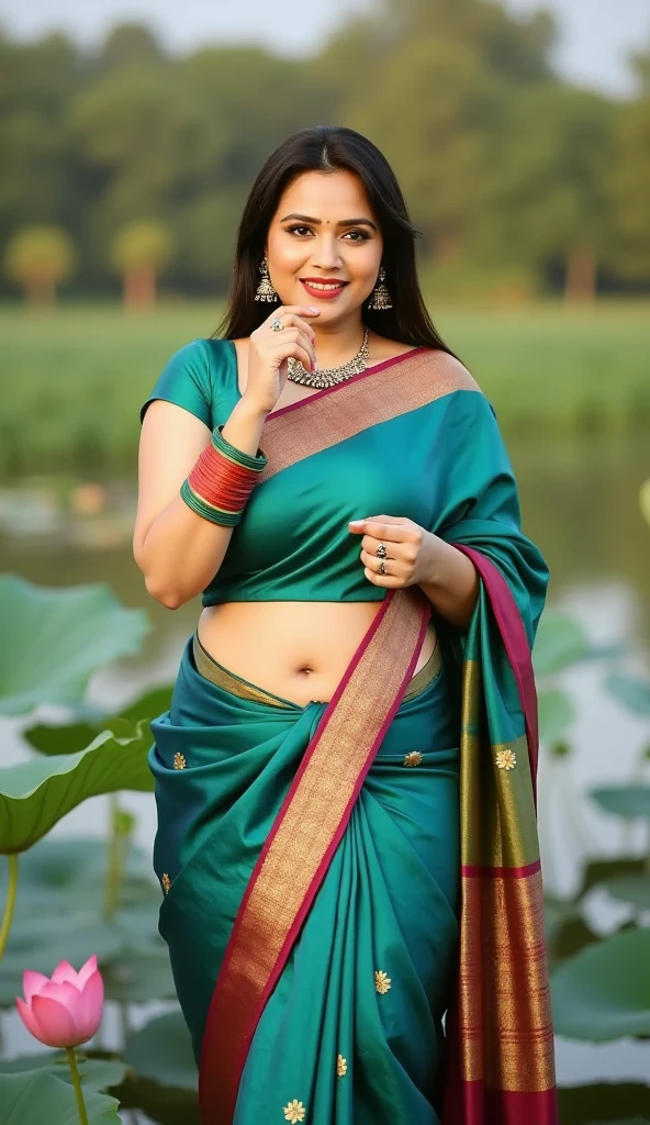 Jaya Prada 26 years old beautiful different face cute sexy girl, big m-cup breast, curvy plus size fit body, Resham Embroidery colorful t-shirt, different colorful Resham Embroidery Saree, different hairstyle, bright eyes, thin eyebrows, fair skin, blushing cheeks, head to thigh close up view, smiling face, ultra realistic skin texture, Kamasutra expression, Portrait Pose, beautiful different Jog Falls background, ultra realistic, close up head to thigh view, black hair, Provocative eye Contact, glossy lipstick, attractive eye contract face,