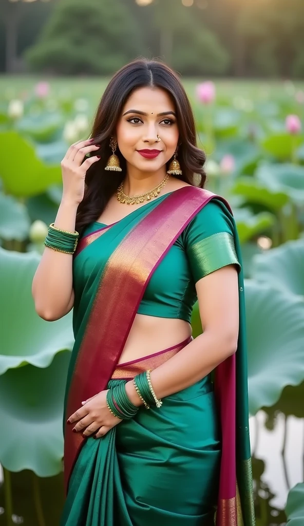 wear green designer printed Saree and blouse, a bindi on the center of the forehead, green saree and green blouse, full body covered in clothes, Indian temples in background, flower basket, very well dressed, going to temple for prayers, golden heavy jewellery, very beautiful 25 year old indian girl, full body photo, mehendi in hands, random hair style, holding Puja plate with Puja items for lord Shiva, lord Shiva temple in background, jewelry, gem, necklace, necklace set, tika, vermilion, nathiya, ear rings, mangalsutra, golden haar, gold bracelet, anklets, thick lips, holding flower basket for Puja in hand, skindentation, parted lips, full body photo from front, beautiful face, beautiful body, (detailed eyes), ulzzang-6500-v1.1, thick eyelashes, long eyelashes, random hair style, broad light, backlighting, bloom, light sparkles, chromatic aberration, sharp focus, Nikon Z 85mm, unparalleled masterpiece, ultra-realistic 8k photos, best quality masterpiece, best quality,