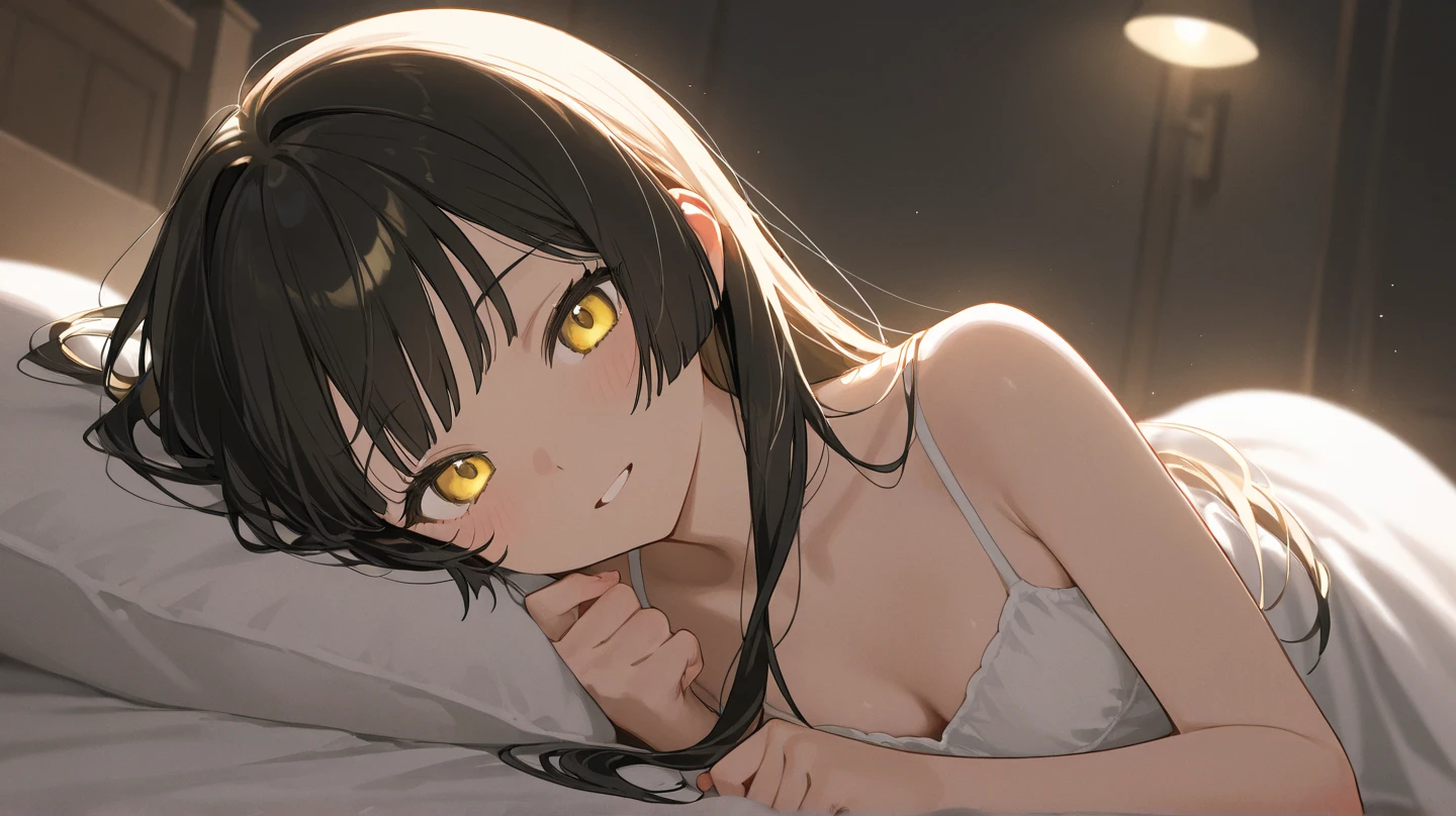 Masterpiece, best quality, UHD bedroom background, long black hair, halo, bangs, yellow eyes, (( pink negligee )), big tits, (see through nipple), blushing, little smile, lying down, face close-up, night, midnight