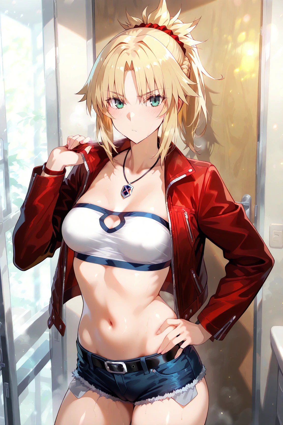 masutepiece++, Best Quality++, ultra-defined++, ultra-defined++,4K++,in 8K++, (Background Focus)++, Highly detailed, Viewer's Perspective、In the street、((standing split, Leg up,Leg Lift,Standing on one leg, ))++, ((1 milf)), ((((Hi-Res))))++++, (((Denim shorts)))+++, ((((underboob))))++++, ((Red jacket))+ +, ((a belt)) ++, ((choker necklace)), (a blond), (Super shiny hair and skin), (Sunlight), ((Beautiful) ), (Huge breasts_Body: 1.5), (Huge breasts: 1.5), Muscular girl with clearly visible abs and muscles, Sweaty body, cleavage, Dynamism, (Abs cleansing and shaving, Muscle muscle thighs) +, A lively smile, Perfect eyes, Perfect hands, Perfect nose, Magic Battle Dark, Bright atmosphere, (wet effect) +, (light effect), (Cinematic Light) + , (Like a movie of light) +
