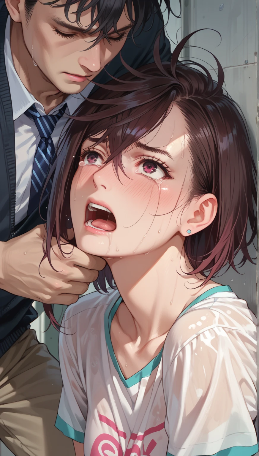 (Very tiny girl rides guy perfectly:1.5)、(Straddling Girl:1.3)、(Big Breasts)、(eyes half closed:1.3)、(Grin:1.3)、(Big tears:1.3)、(Drooling from the mouth:1.3)、(The body shakes violently)、8K resolution、 ((Highest quality))、Anatomically correct、(Flower Hair Ornaments)、(High School Uniform:1.9)、((Hasselblad Photos))、[:(Detailed face:1.2):0.2]、(heavy rain:1.3)、(Sweat:1.6)、(Intense squats:1.5)、(Downward:1.5) 、(hollow:1.6)、(Depression)、(CG anime style:1.9)、(White background:1.3)