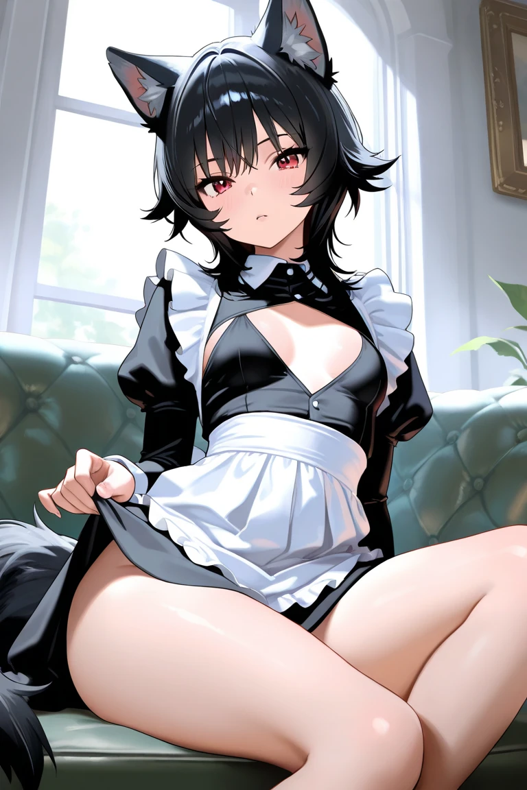 (absurdres), Gine, 1girl, solo, black hair, open mouth, black eyes, short hair, smile, happy, medium breasts, breasts, bare shoulders, looking at viewer, (gine), black eyes, Saiyan tail, cowboy shot, smile, hand to own chest, Bulma playboy bunny outfit, (playboy_bunny), rabbit ears, breasts, animal ears, cleavage, black leotard, black_unitard, 1girl, fake animal ears, bunny_ears, medium breasts, bowtie, eyelashes, tail, bow, upper body, black hair, solo focus, red bowtie, bare shoulders, leotard, strapless, wrist cuffs, red bow, Saiyan tail, looking to the side, detached collar, looking away, strapless leotard, simple background, black hair, indoors, living room, ((half_body)), upper body, 2D Anime Style