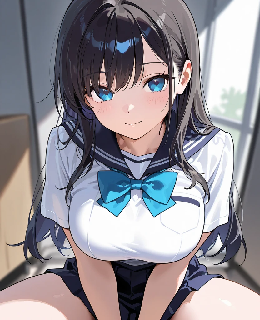 xp-tan, ((masterpiece)), ((best quality)), (ultra-detailed), ((extremely detailed)), 4K, (8K), , 1girl, (((full color))), ((((perfect anatomy)))), (five fingers), , (beautiful detailed black hair), (((world-class quality))), photorealistic, extremely detailed, high resolution, (((detailed shaded pretty face))), house wife, beautiful detailed eyes, solo, ((glowing detailed skin and hair)), white-skinned, ((((gleaming skin)))), fucked silly, baby face, full-face blush, (sagging breasts) ,thigh ,huge breasts, in heat BREAK xp hair ornament, detached sleeves, blue skirt, thighhighs, long sleeves, blue pleated skirt BREAK arched back, straddling