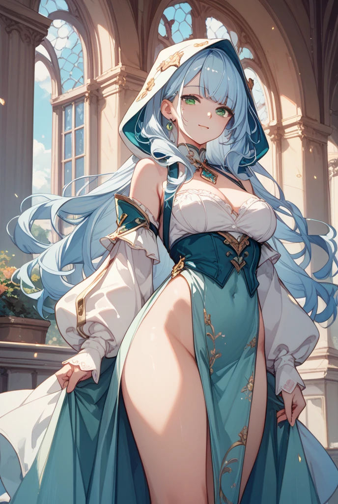 Masterpiece, best quality, the beauty of a goddess, empress, blonde, soft lighting, highest details, best quality, ( a pretty girl, 20 year old ), beauty smile, ( nice body shape, sport body ), midnight jungle, white hair, long hair, blue eyes, glow eye, ( Full body view ), standing, ( huge breast : 1.1).