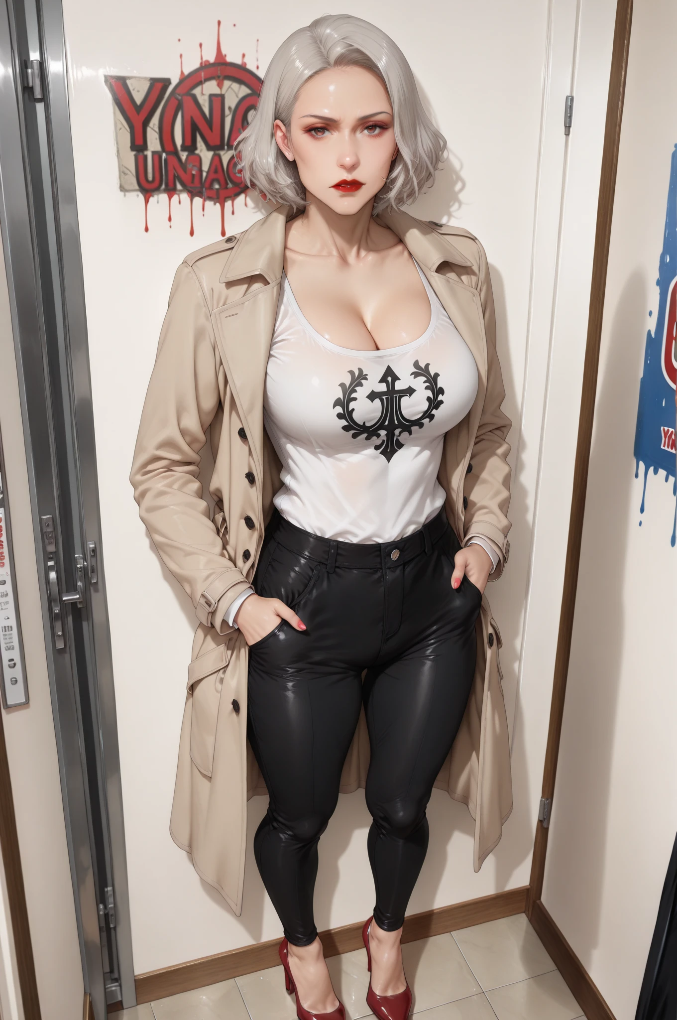 (Browsing Caution:0.8),(((Highest quality: 1.4))),(An unparalleled masterpiece), (Ultra-high resolution),(Ultra-realistic 8K CG), Official Art,(((Large Breasts))), (((Adult body))), (((Girl in a sexual position))), , Punk girl with a perfect body, Metallic Spine Jacket,Beautiful and well-groomed face,,Detailed punk fashion,leather jacket, (Head to thigh image),(( Silver Hair, length )), small leather panties, Simon Bisley'Urban Brutalist Style,London detailed street background,Beautiful Abs, Complex graphics, Dark pink and white stars、Grey and white striped poison tattoo )),