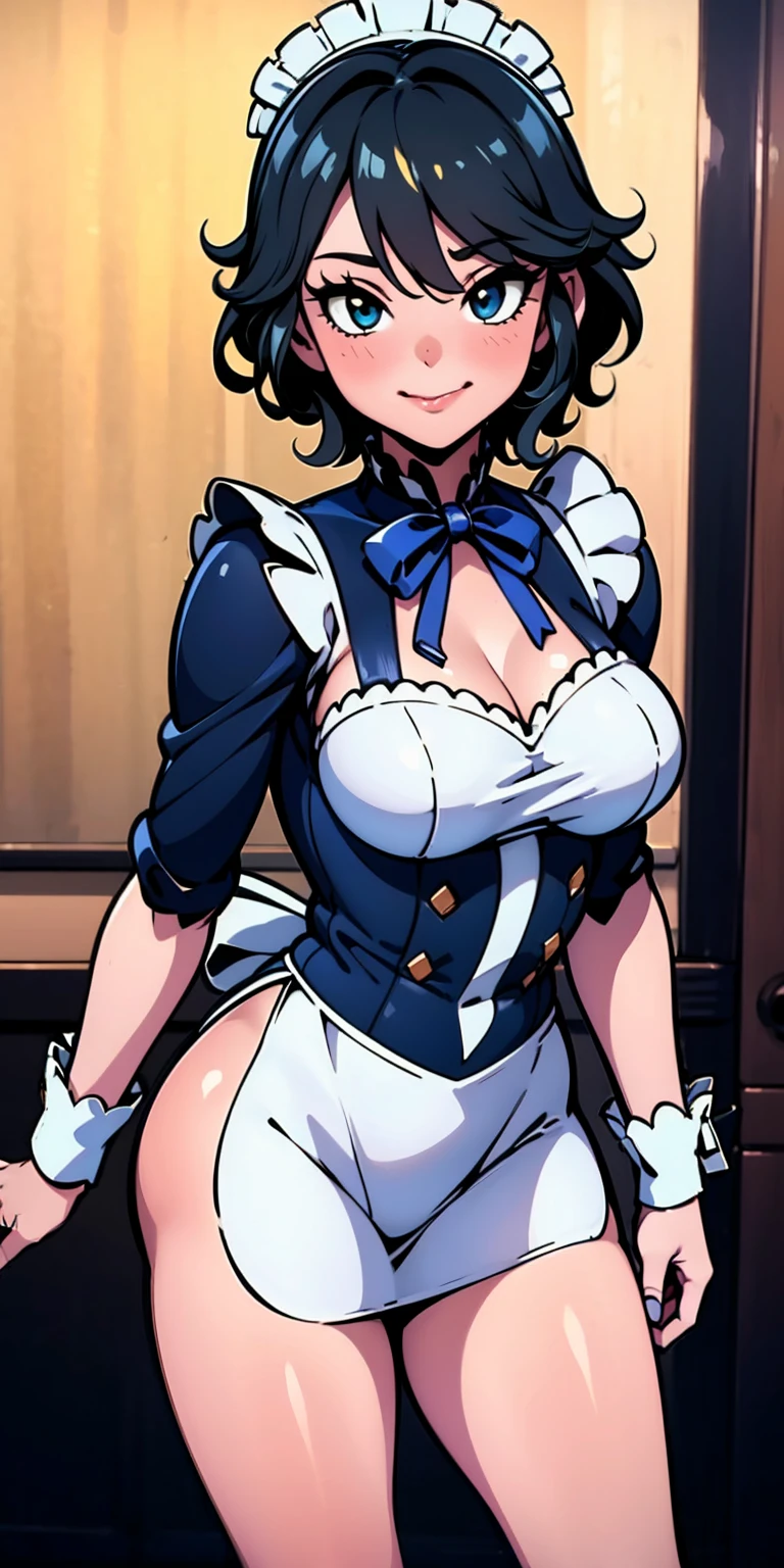 masterpiece, photoreal, high definition, slim waist, long legs, wet skin, huge ass, huge breasts, masterpiece, best quality, absurdres, perfect anatomy, 1girl, solo, Rei Ayanami, (1990s \(style\), blue hair rei, short hair, standing, smile, maid outfit, white thigh highs, on bed, covered in cum, wet skin, cum drip, bukkake, breast milk, cum on face, cum on tits, open mouth