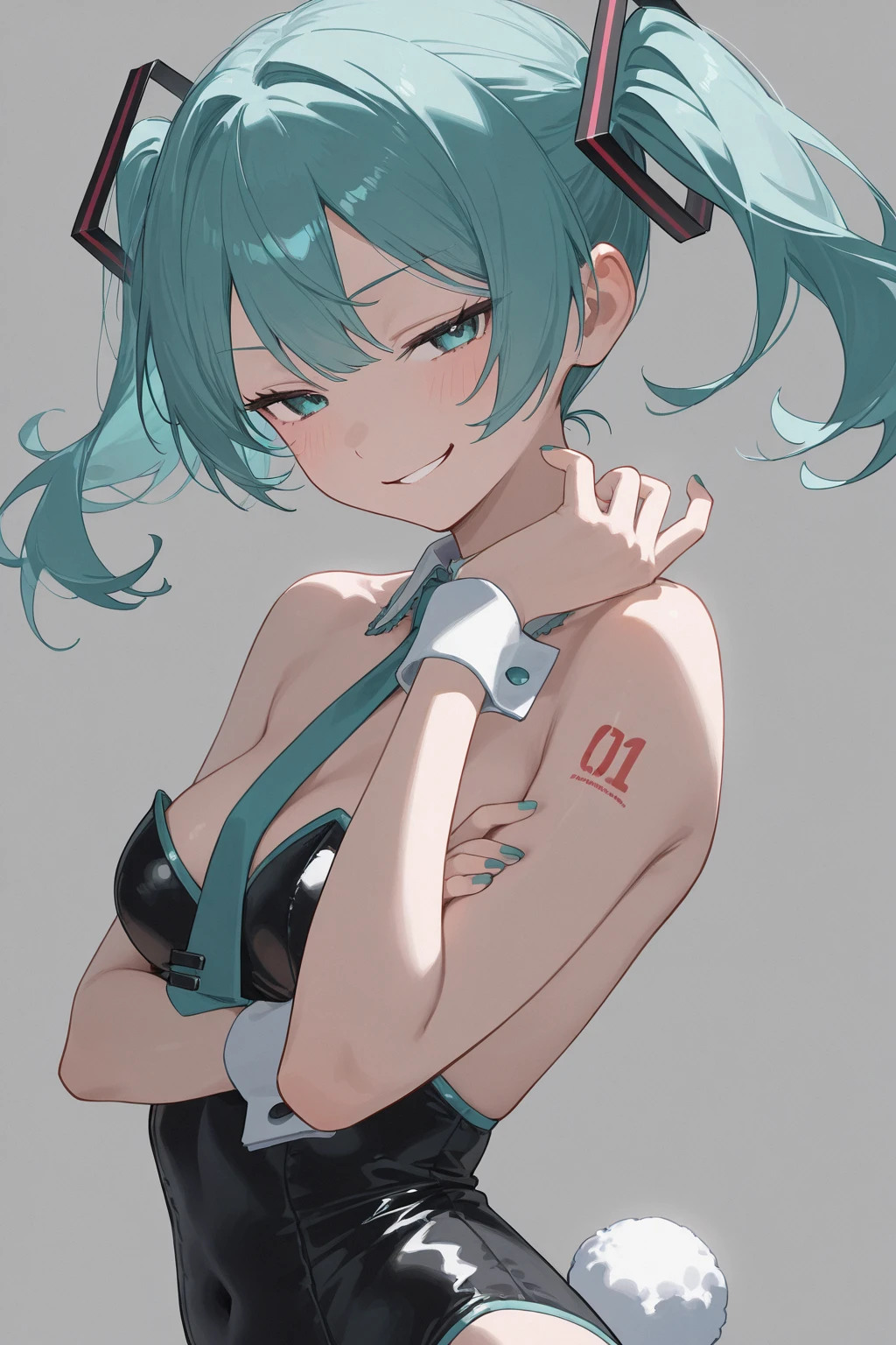 1 girl, in a room, red panties, medium breasts, naked breasts, short hair, green hair, blue eyes, elbow gloves, cute girl, smiling, mecha headgear, seductive pose, portrait, beautiful girl