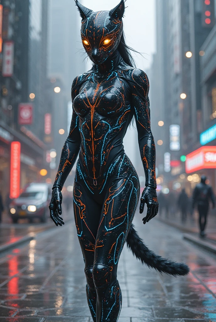 What would fashion be in 2070 , cyberpunk, cybersigilism, cybercore, futuristic,human tiger guardian , bioengineering human, full body, human model , art savior