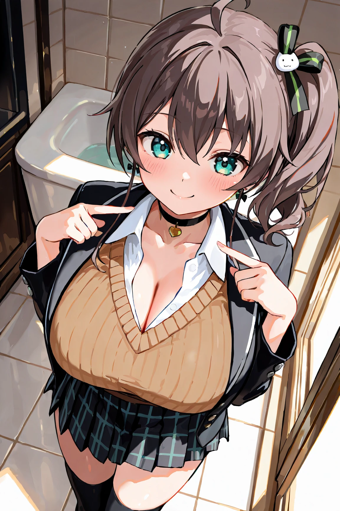 (small breasts:1.2), (perky chest:1.2), (pointed chest:1.2), (Pudding cake magazine cover:1.3),(from above:1.0),(shoot from the side:1.1),masterpiece, 1girl, Amazing Cleavage:1.1, thin waist, optimum,tmasterpiece,hight resolution,best qualtiy,hyper HD,super detailing,awardwinning,a 18yo cute girl,(The upper part of the body),anatomy correct,Beautiful Black miniskirt,garters,Gaze,Small face,bangss,holster,Beautuful Women,hands up,leg holster,Gaze,black boots,Cowboy Shot,cute face,a blond,Longhaire,Twin-tailed,Braids, Hairline,(scarlet eyes),long eyelasher,Hanging eye corners,White skin of the, ((see through camisole:1.1)), ((Sheer nipples:1.0)),Rocket Tits,(Slim body),smile,seductive weak smiling,(with sparkling eyes and a contagious smile),little open mouth, Looking at Viewer,