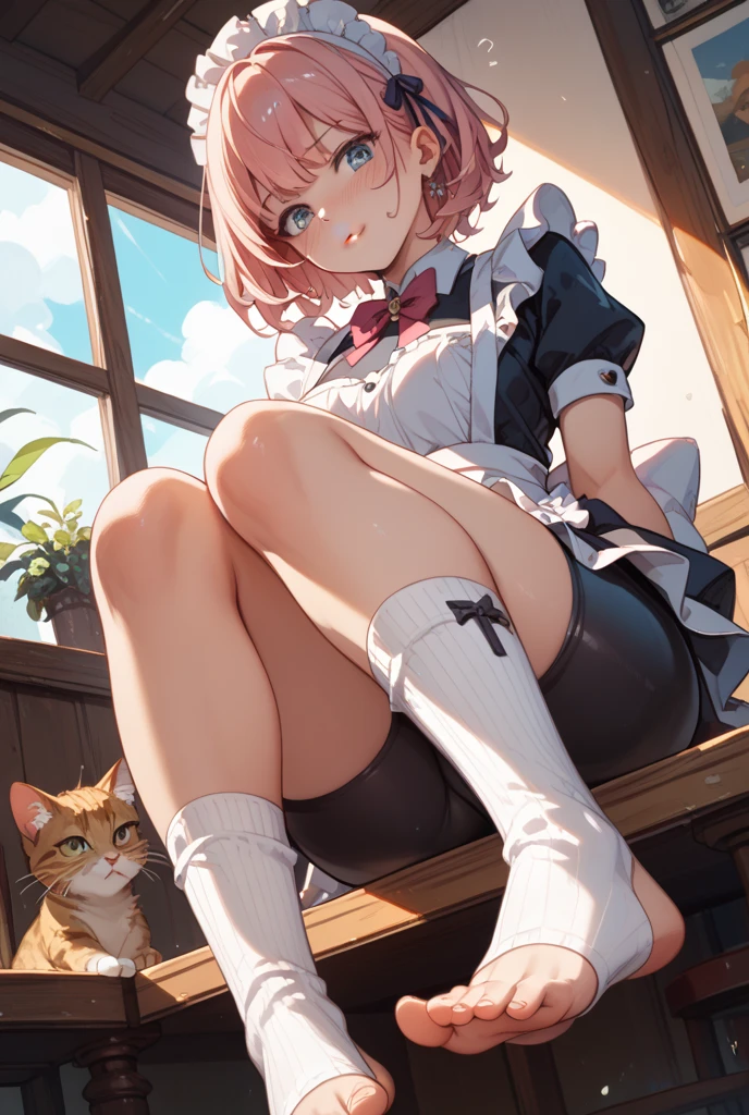 ((best quality)), ((masterpiece)), (detailed), perfect face, white short hair, white cat ears, green eyes, uses a white skirt, 18 year-old girl, white cat tail, pastel pink blouse, white tight stockings