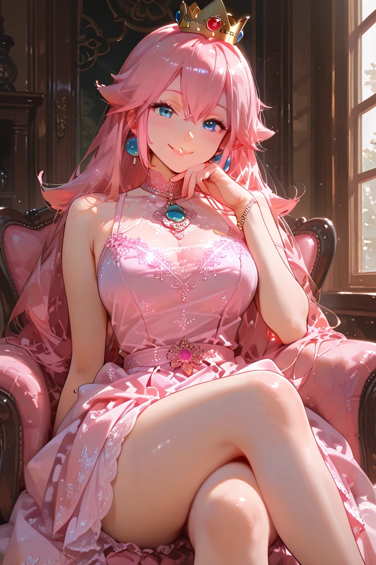 An elegant woman Lady Smiling Kindly Pink Dress Headband Big Breasts stockings Sit on the sofa