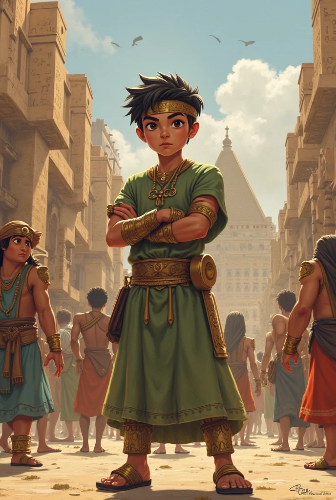 Title: "Escape from the Pharaoh's Maze: A Young Adventurer's Quest" Description: The cover illustration of "Escape from the Pharaoh's Maze" depicts a thrilling scene set in ancient Egypt. A courageous young boy, dressed in traditional ancient Egyptian attire, is depicted at the center of the artwork, sprinting desperately towards the viewer, his eyes wide with fear and determination. The boy's garment features intricate hieroglyphs and symbols, reflecting the rich cultural heritage of the era. His hair is neatly styled, adorned with an elegant headpiece, and he wears sandals on his feet as he navigates the treacherous labyrinth. Behind him, a horde of menacing mummies emerges from the shadows of the labyrinth, their bandaged forms shuffling ominously as they give chase. The eerie glow of their eyes adds to the sense of danger and urgency, as they relentlessly pursue the boy through the twisting passages of the maze. In the background, the towering pyramids of Giza loom ominously against the night sky, their ancient stones bearing witness to the unfolding drama. The air is thick with tension as the young adventurer races against time to escape the clutches of the undead guardians and emerge victorious from the Pharaoh's maze. With its dynamic composition and vivid imagery, "Escape from the Pharaoh's Maze" promises an exhilarating adventure through the heart of ancient Egypt, where danger lurks around every corner and courage is the key to survival. cartoon style