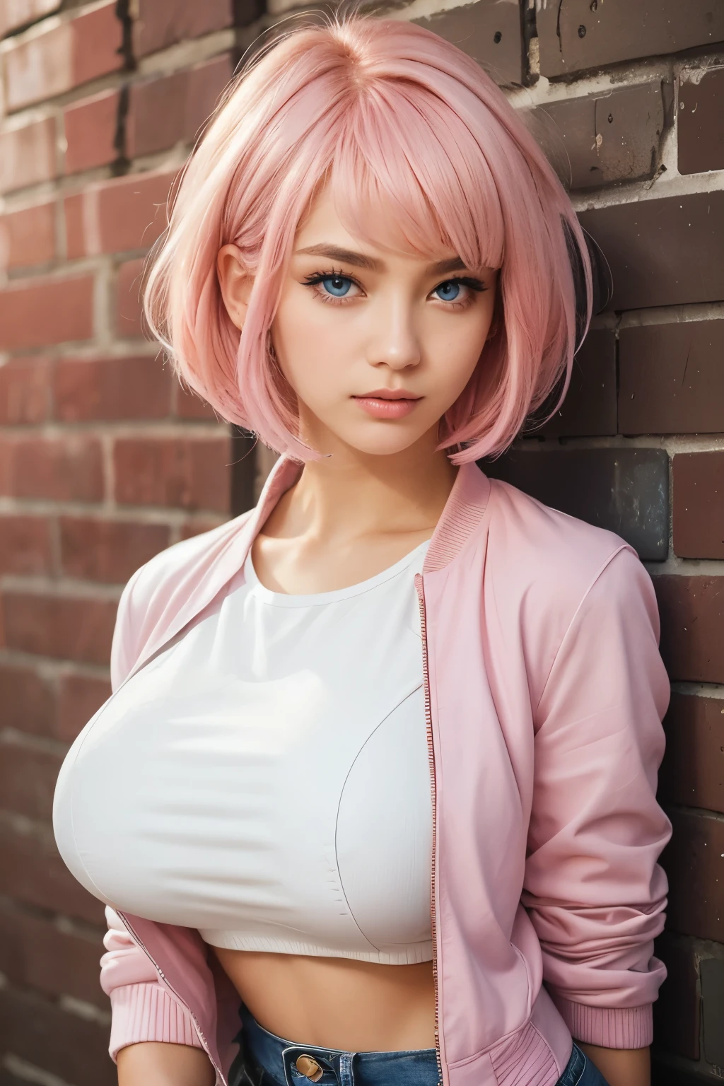 Beautiful girl, pink hair, big breasts, wearing a bare-chested shirt, sexy post, in the classroom.