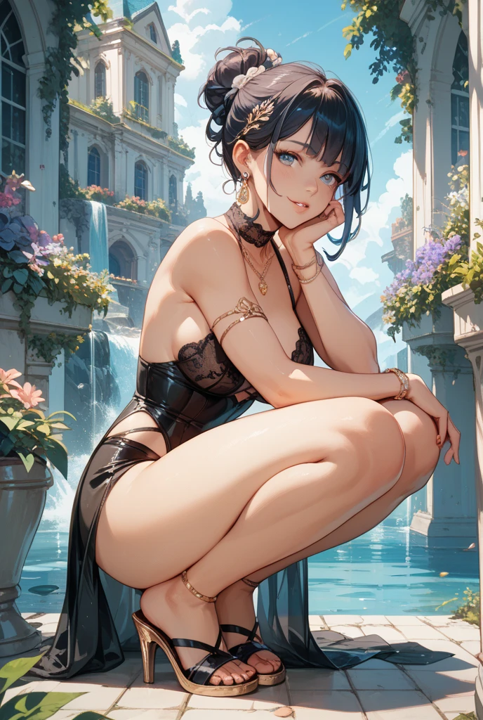 Young woman turns with a swing to the observer, thin transparent mini dress in blue and turquoise, black curls swinging around her head, standing in her garden, she lifts her dress, sandals, red silk thong, large breasts with deep cleavage, pearl necklace, hair clip with rose, naive facial expression