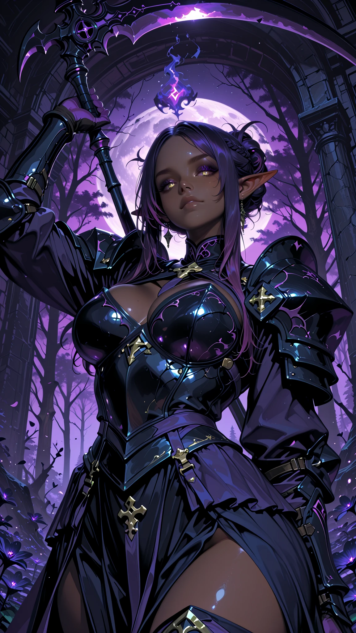 1 character,Epic fantasy style,a flat chest,1 beautiful woman who looks like the devil,The identity is an assassin,Purple curly braid,blue colored eyes,It has black goat horns and elven ears on its head,Wearing leather armor and a cape with a hood,The face is covered with a dance mask,A dagger was hidden behind him,detail-rich,tmasterpiece