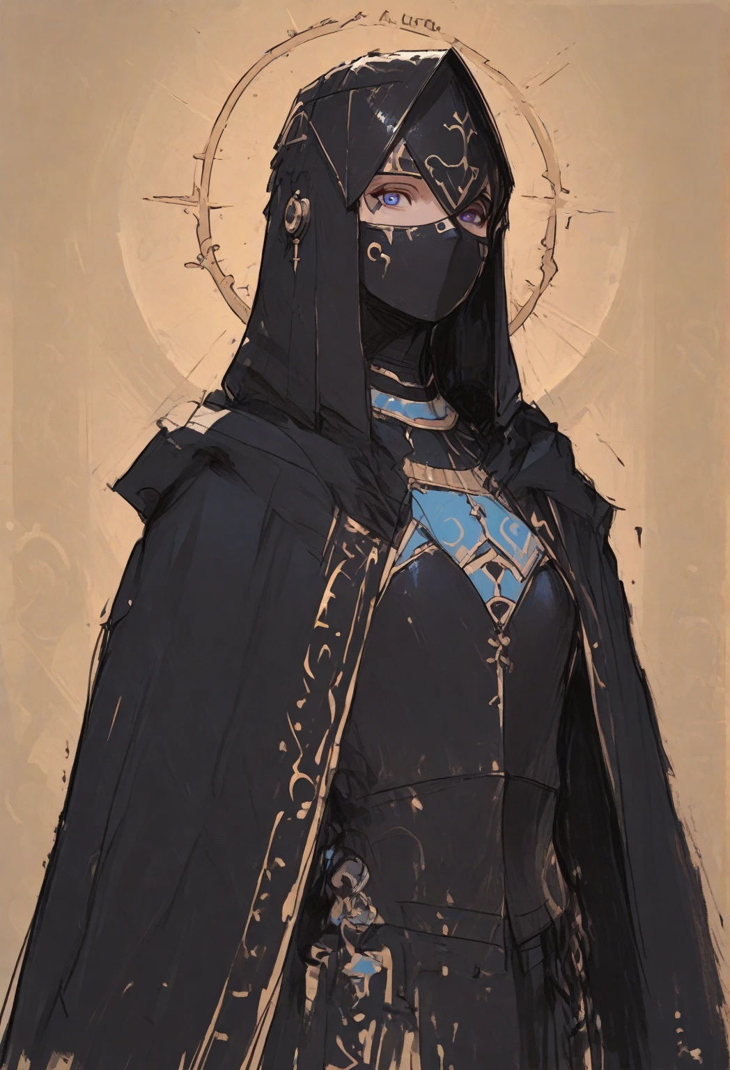 (masterpiece), (best quality),(portrait),1girl,solo,(sharp focus),(look at viewer),, (perfect face, detailed face), 1girl, solo, hijab, mask veil, dark skin, gold head accessory,dark blue outfit, full body view,ancient long clothes,old school fantasy art,((simple background)),(gray background),