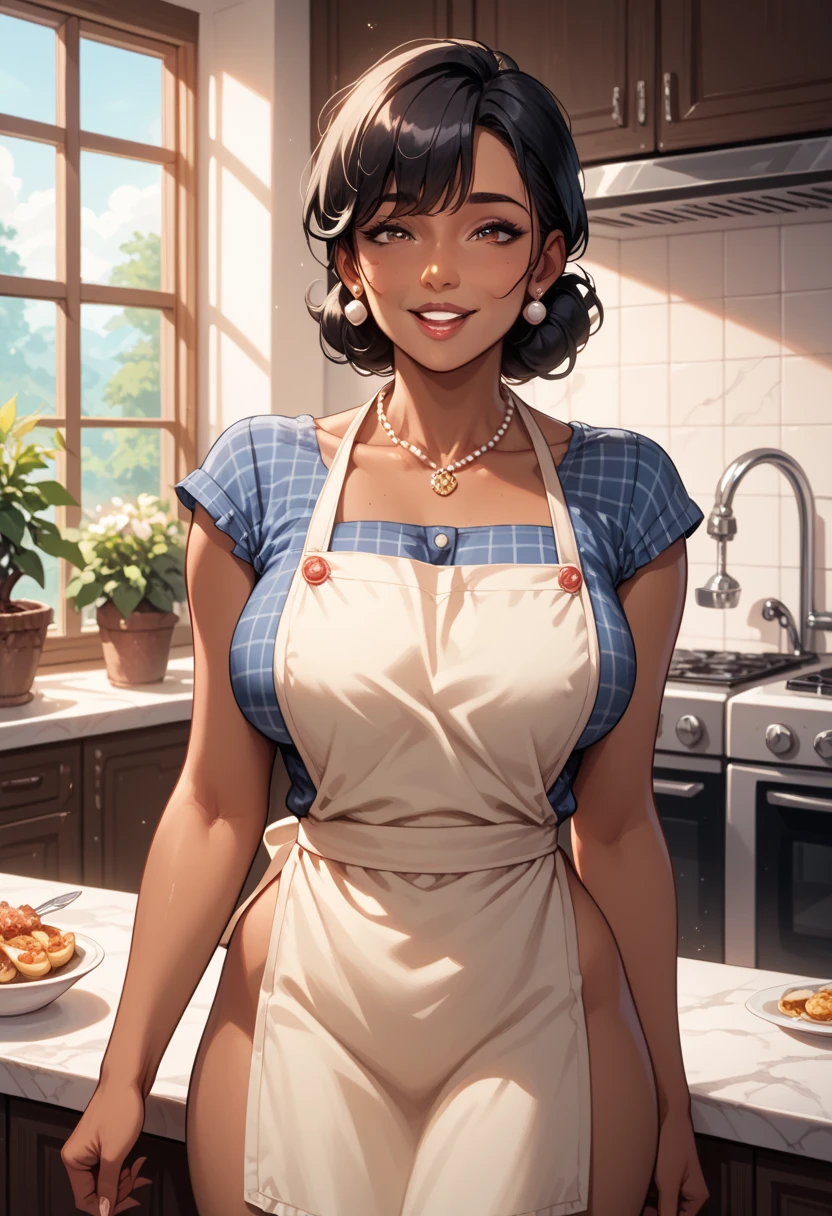 score_9, score_8_up, score_7_up,  <lora:p4m3l4_v2:1> p4m3l4_v2,1girl,earrings,bent over,dark skin,   <lora:NakeApronXLPony:1> naked apron,frills, half updo,apron