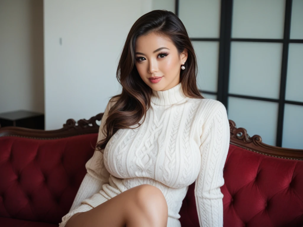 young girl, Asian girl with dark brown hair, big breast, big tits she is wearing a lace jumpsuit, with a large neckline, is in a modernist living room. she kneels on the ground. Ultra-high resolution, (photorealistic: 1.4), high resolution, (brown eyes), (finely detailed skin), (perfectly proportioned) (photo realistic) (masterpiece) (photorealistic), ultrarealistic (Best Quality) (Detailed) photographed in a Canon EOS R5, 50mm Lens, F/2.8, (8K) (Wallpaper) (Natural lighting) (Convoluted) Fashion