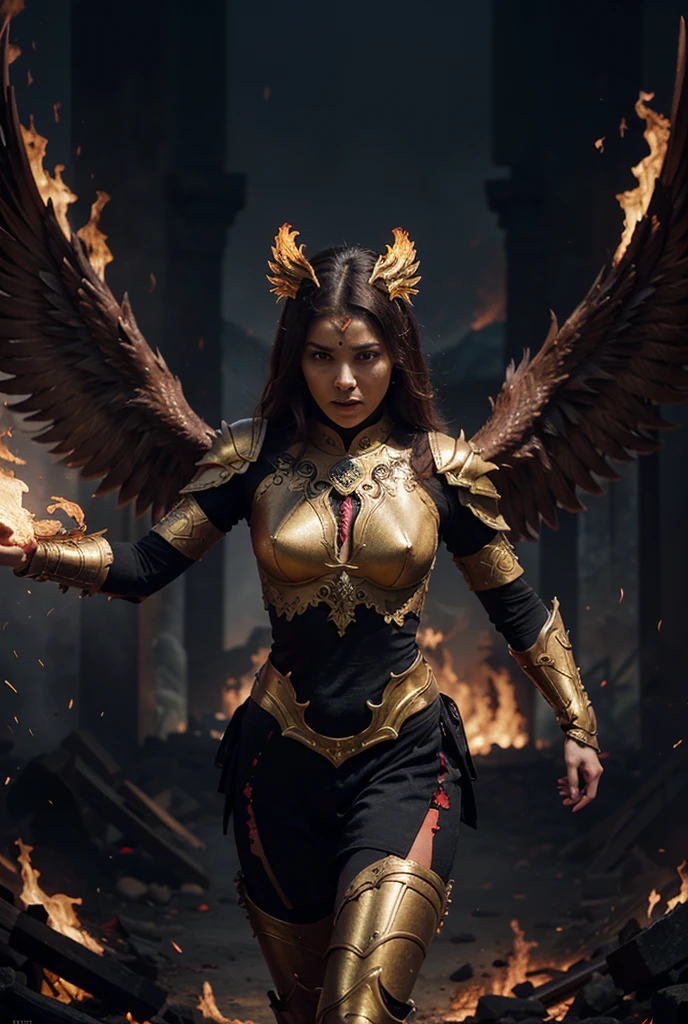 a close up of a woman with a fire and flames on her body, with fiery golden wings of flame, with fiery golden wings, epic fantasy art style, concept art | artgerm, phoenix warrior, extremely detailed artgerm, epic fantasy digital art style, female lord of change, full portrait of elementalist, epic exquisite character art