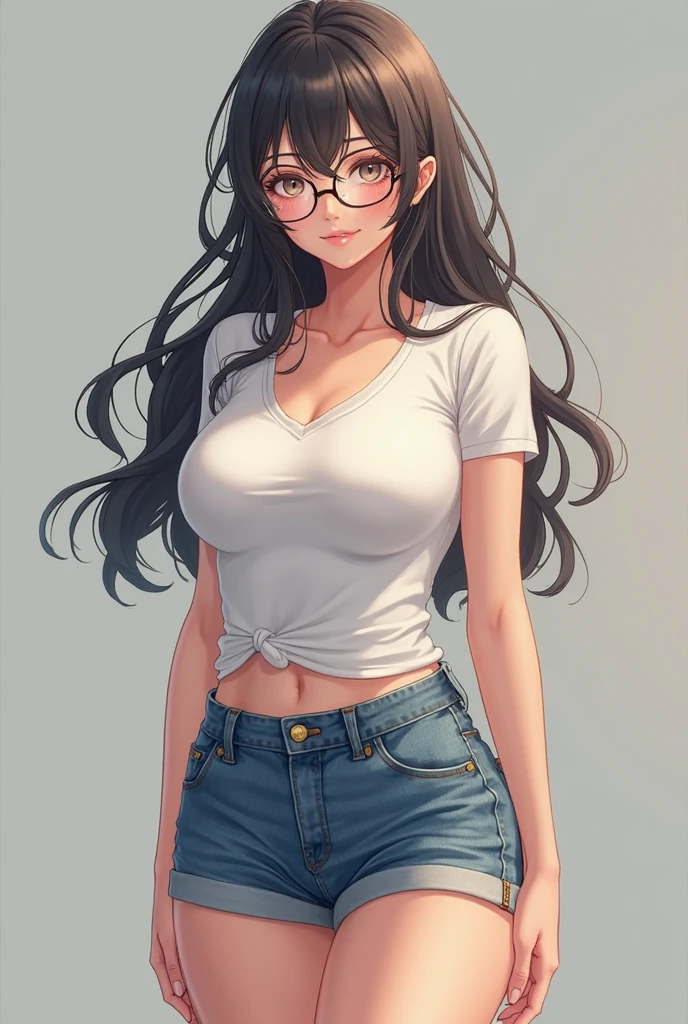 (((solo))), mature woman, High quality, highly detailed, masterpiece, RAW photo, best quality, (thin waist), ((thin hips)), black hair, ((loose hair)), (open forehead), big lips, (oval shape face), (shy), cinematic lighting, lush illumination, (thin arms), (thin legs), (huge rectangle glasses), (big brows), ((small breasts)), muted colors, (very blushed), ((simple background)), ((choker)), ((looking at camera)), (long white tanktop), (short jeans shorts), (wide open mouth), sneakers, (cross arms), (sweat), (full size view), (side view)