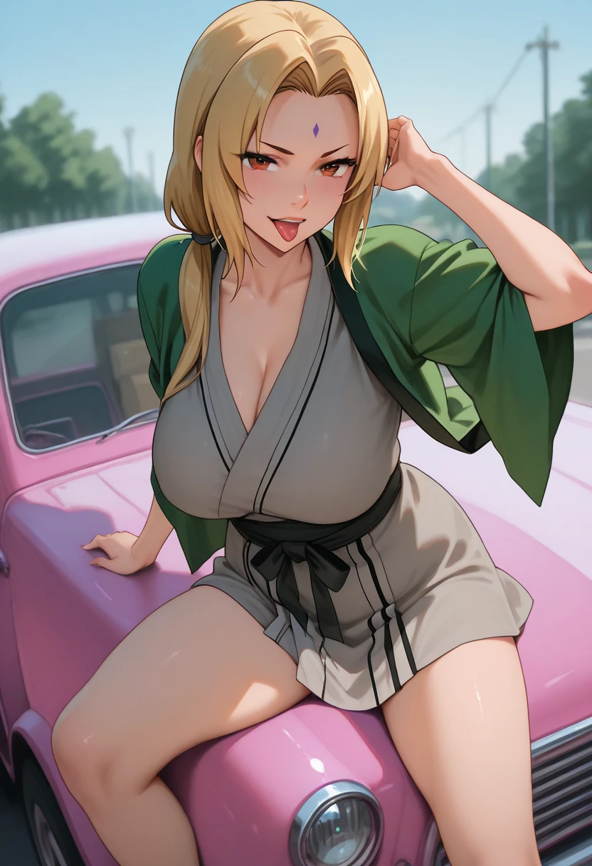 tsunade from naruto, green gala dress, washing a green car