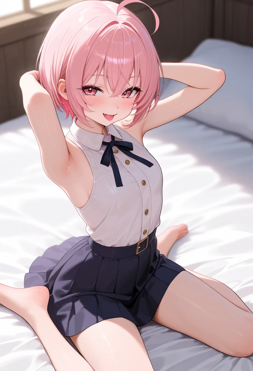 Mastepiece、masterpiece、highest quality、Super detailed、High resolution、8K Portrait、High definition CG of Unity 8k wallpaper、Cute little:1.5、Loli:1.5、Highly detailed CG Unity 8k wallpaper、Realistic、Real person、 Portrait Photography、Shiny skin、High definition、(16 years old:1.2)、(1 girl)、Beautiful clear eyes、extremely detailed description、Delicate face、Nice lips、Slim body、(thin waist)、Thin legs、(on bed),(bed room:1.6)、1 Girl, Cute, Perfect Face, seriously, (blush:1.5),(Pink short hair:1.3),(big breasts:1.3),(School uniform:1.3),((skirt lifted:1.5)),(looking at view),(from front),(disapproval face:1.3),nsfw,(panties shot:1.5)