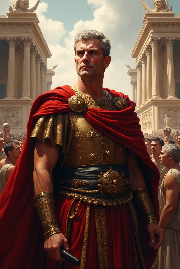 painting, julius caesar emperor of rome, without background, he is in full body with his back to the observer, observing ancient egypt, do not include pyramids, large mountains or any triangular structure in the scene. He is wearing his iconic outfit and his red cape, a Renaissance painting