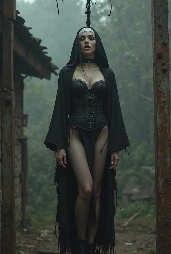 9k, photo and gross, fujifilm, Style photography of a young goth girl like Ania Taylor joy in a cloudy pine forest. (very detailed and pale skin: 1.2) BREAK style short hair, blue hair with bangs, wearing black leather pants, spiked strap choker, Hooded cape and a leather strapless navel while barefoot without shoes, film grain, 35mm, beautiful style