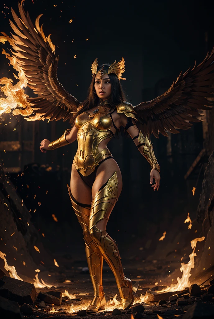 a close up of a woman with a fire and flames on her body, with fiery golden wings of flame, with fiery golden wings, epic fantasy art style, concept art | artgerm, phoenix warrior, extremely detailed artgerm, epic fantasy digital art style, female lord of change, full portrait of elementalist, epic exquisite character art